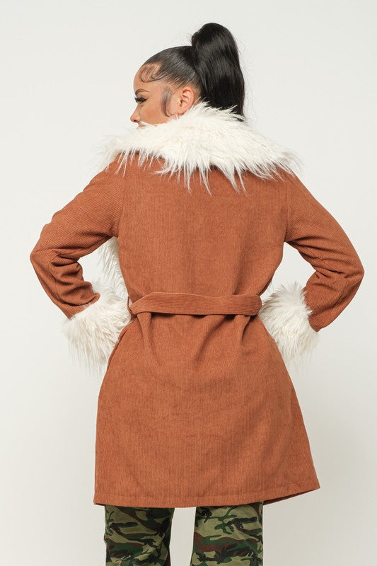 Corduroy Faux Fur Trimmed Fashion Coat