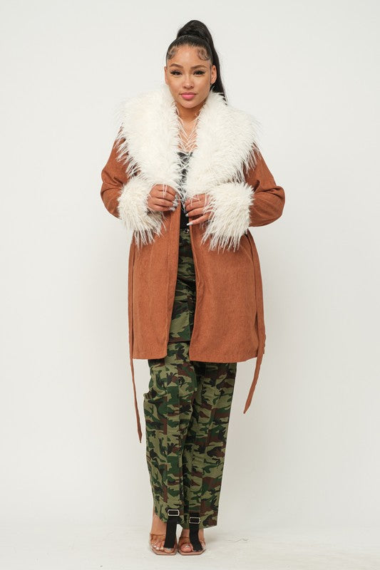 Corduroy Faux Fur Trimmed Fashion Coat