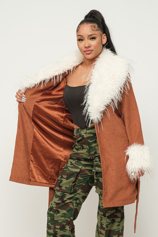 Corduroy Faux Fur Trimmed Fashion Coat