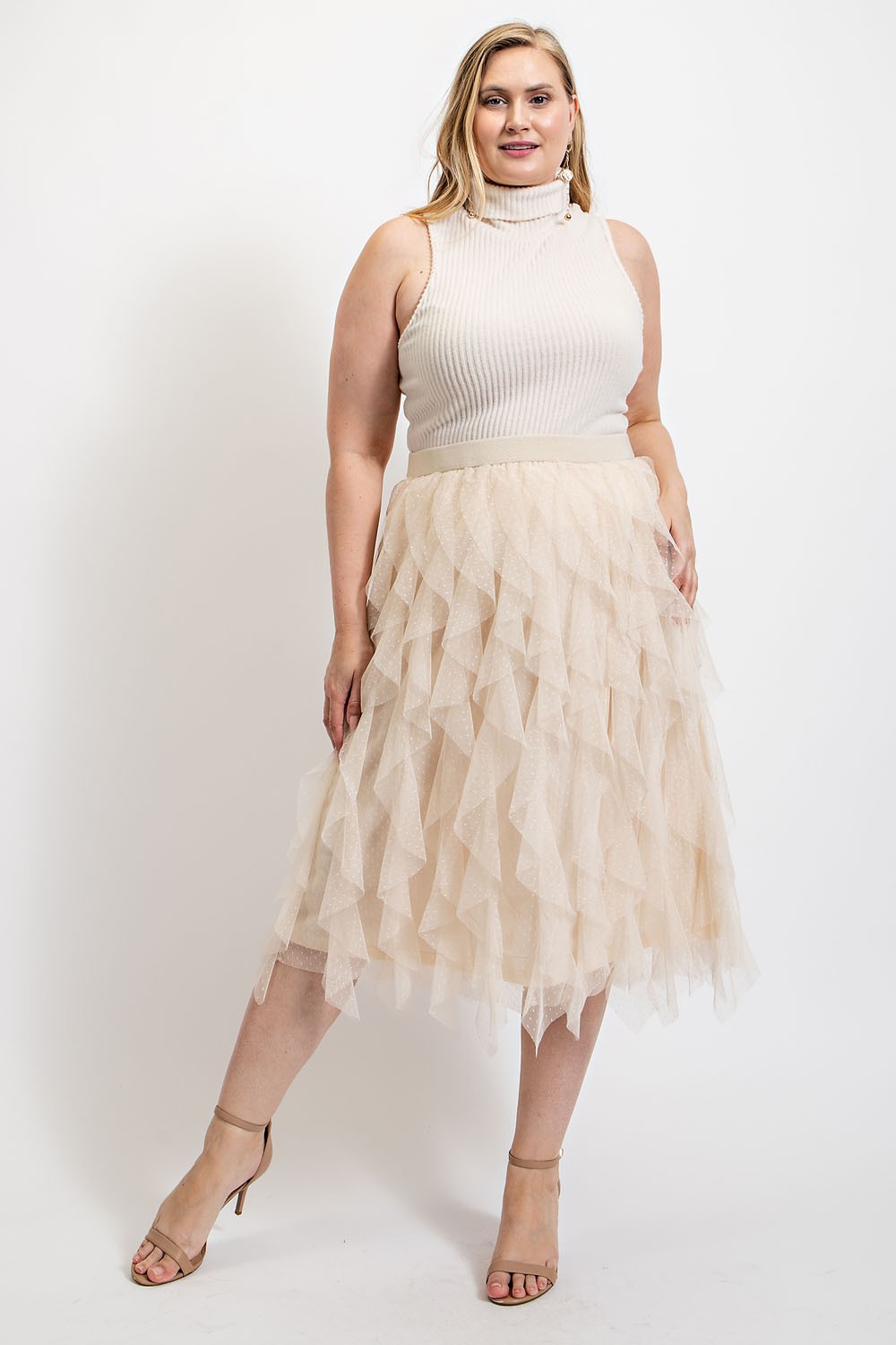 Ruffled Tulle Midi Skirt with Elastic Waist Band