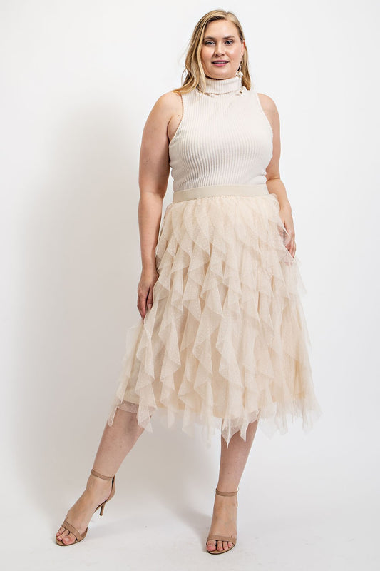 Ruffled Tulle Midi Skirt with Elastic Waist Band