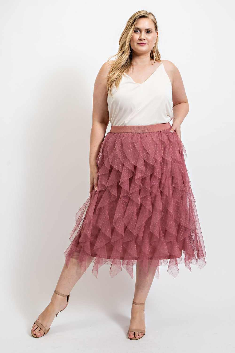 Ruffled Tulle Midi Skirt with Elastic Waist Band