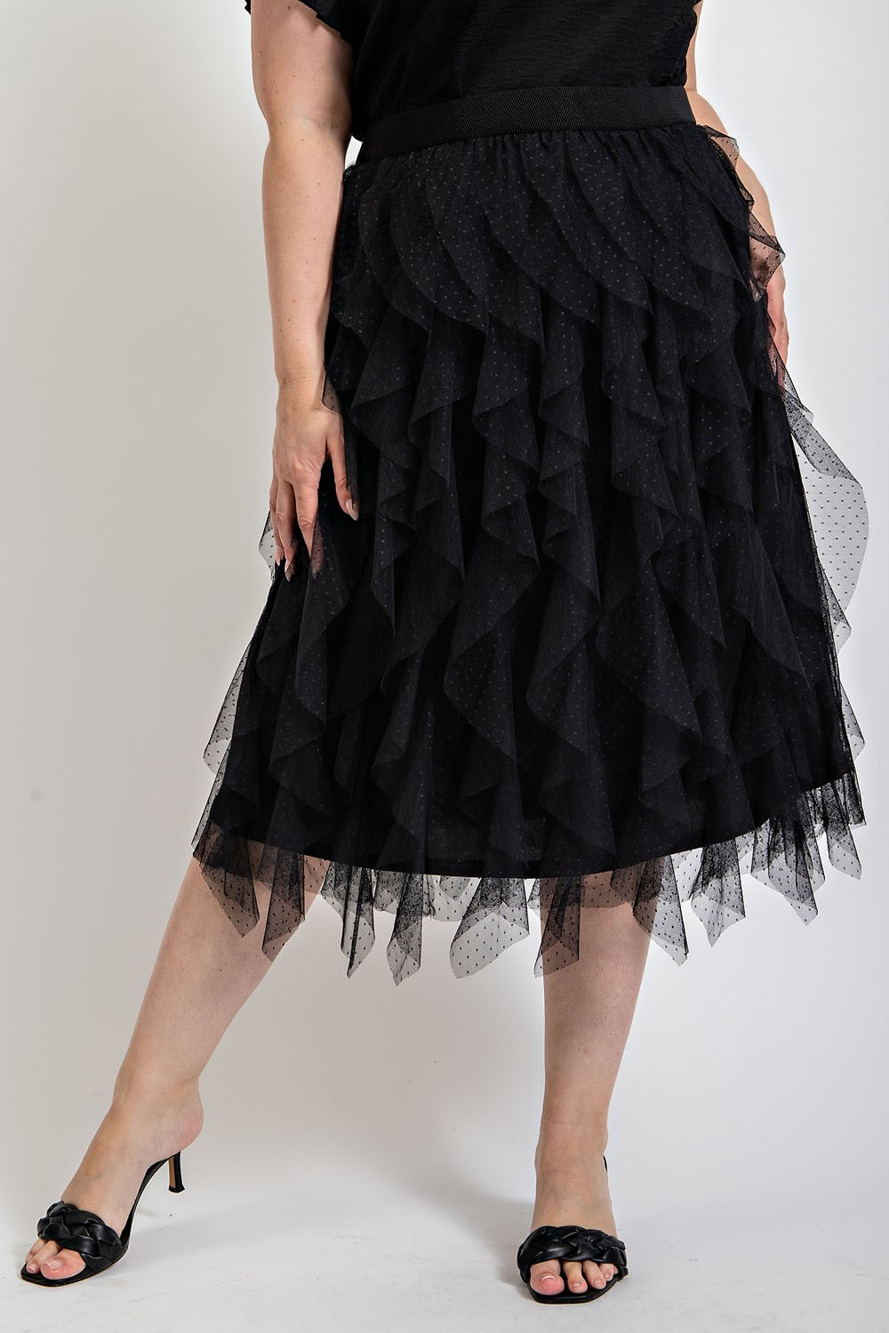 Ruffled Tulle Midi Skirt with Elastic Waist Band
