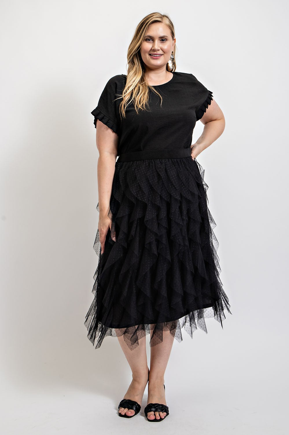 Ruffled Tulle Midi Skirt with Elastic Waist Band