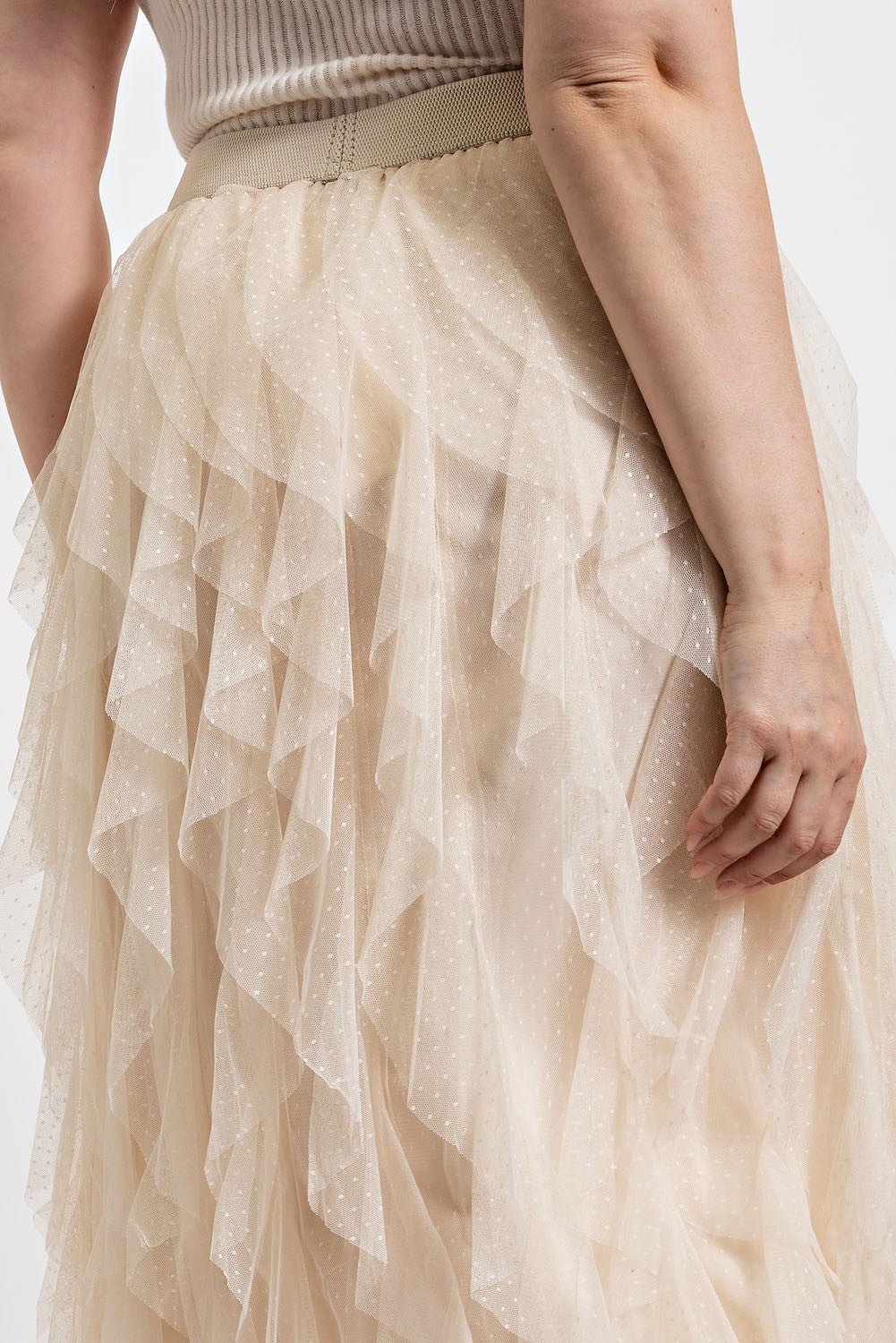 Ruffled Tulle Midi Skirt with Elastic Waist Band