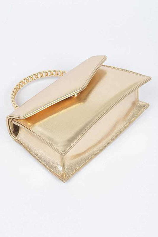 Metal Handle Metallic Leather Convertible Clutch