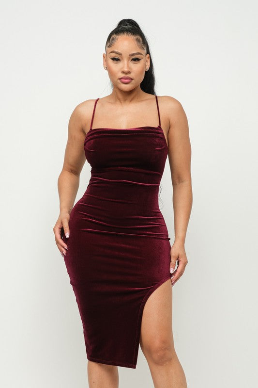 Velvet Cowl Neck Open Side Detail Midi Dress