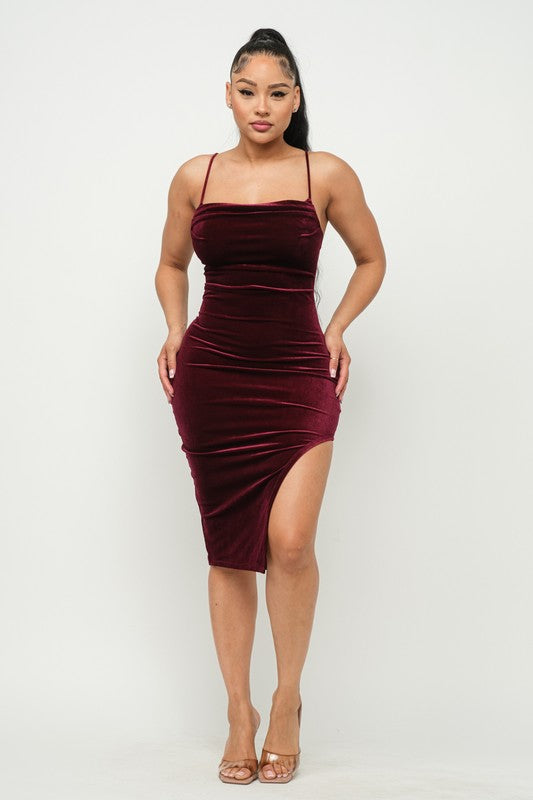 Velvet Cowl Neck Open Side Detail Midi Dress