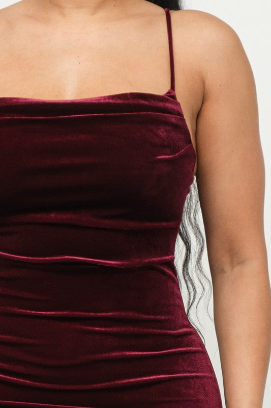 Velvet Cowl Neck Open Side Detail Midi Dress