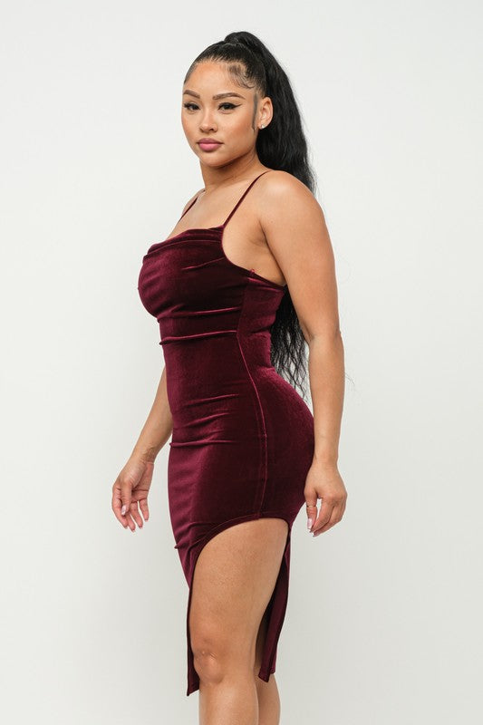 Velvet Cowl Neck Open Side Detail Midi Dress