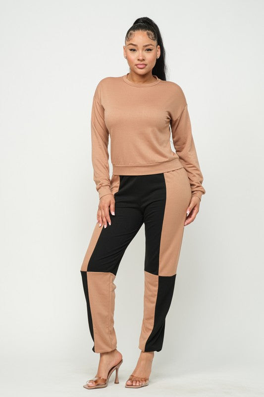 French Terry Top and Color Block Elastic Waistband Pants Set