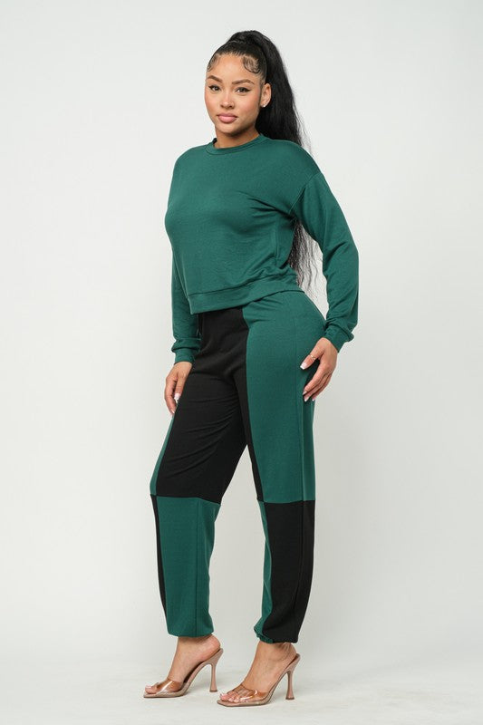 French Terry Top and Color Block Elastic Waistband Pants Set