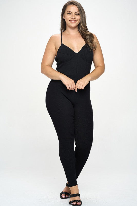 Junior Plus Black Rib Knit Cami Jumpsuit