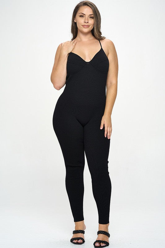 Junior Plus Black Rib Knit Cami Jumpsuit