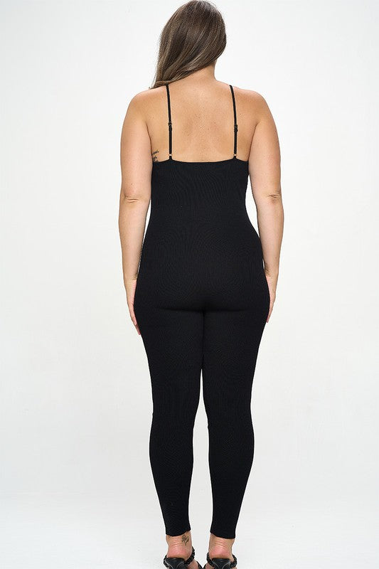 Junior Plus Black Rib Knit Cami Jumpsuit