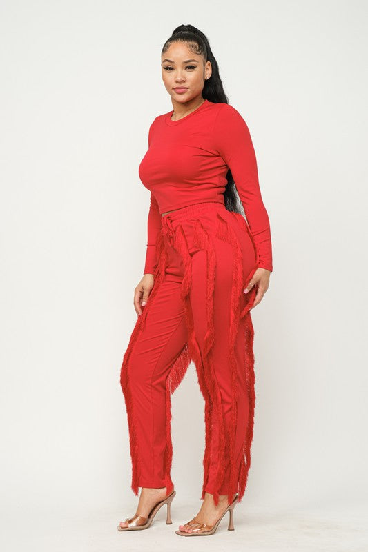 Solid Round Neck Top and Fringes Detail Pants Set