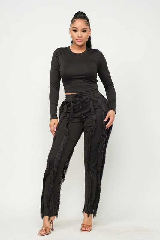 Solid Round Neck Top and Fringes Detail Pants Set