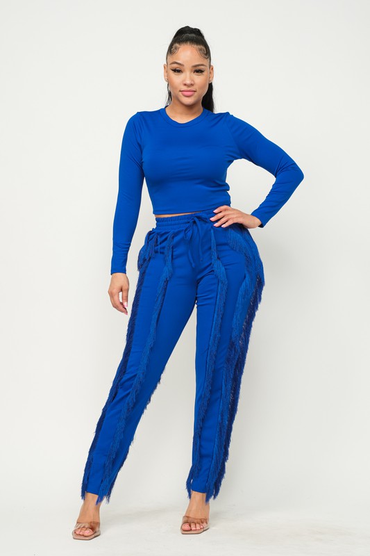 Solid Round Neck Top and Fringes Detail Pants Set