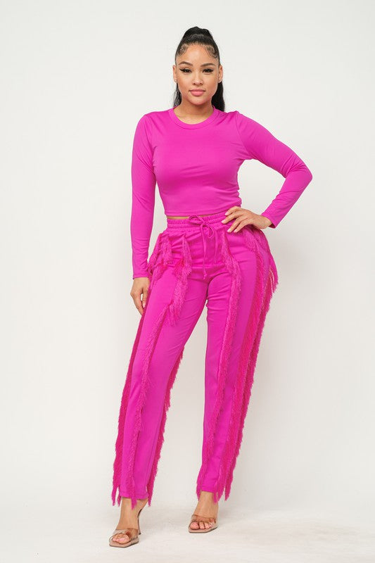 Solid Round Neck Top and Fringes Detail Pants Set