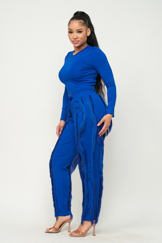 Solid Round Neck Top and Fringes Detail Pants Set