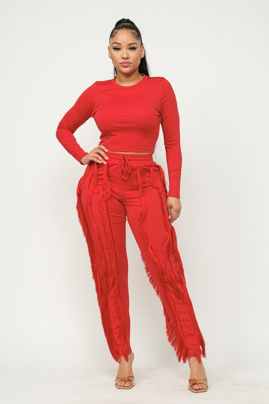 Solid Round Neck Top and Fringes Detail Pants Set