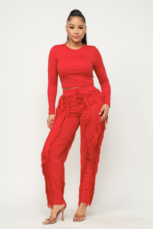 Solid Round Neck Top and Fringes Detail Pants Set