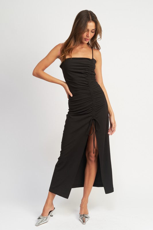 Women's Black Side Ruched Midi Dress with Spaghetti Straps