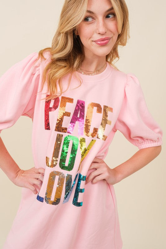 Peach Joy Love Sequin Wording Fleece Dress