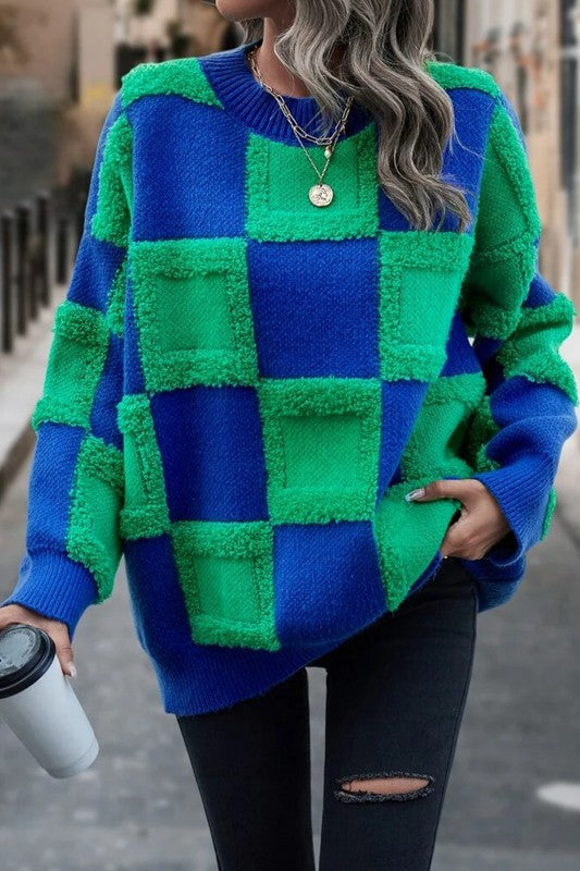 Chunky Big Plaid Terrycloth 3D Knitted Sweater