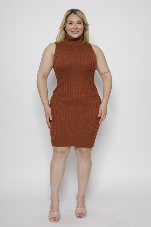Plus Size Sweater Knit Turtleneck Bodycon Sleeveless Mini Dress