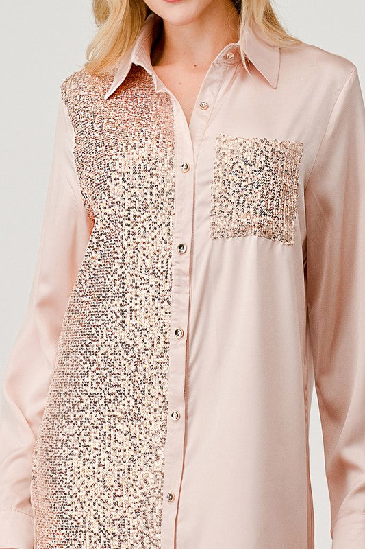 Sequin Button Front Shirt Dress