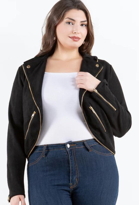 Plus Size Faux Suede Zipper Detail Collared Open Front Cropped Jacket