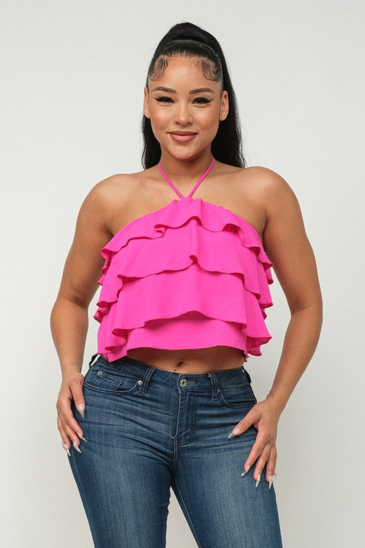 Front Ruffled Trim Detail Halter Necktie Top