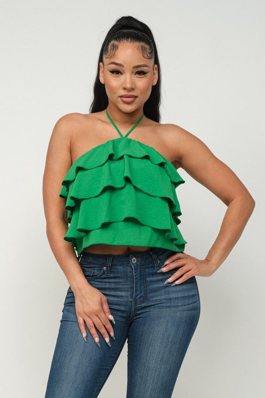 Front Ruffled Trim Detail Halter Necktie Top