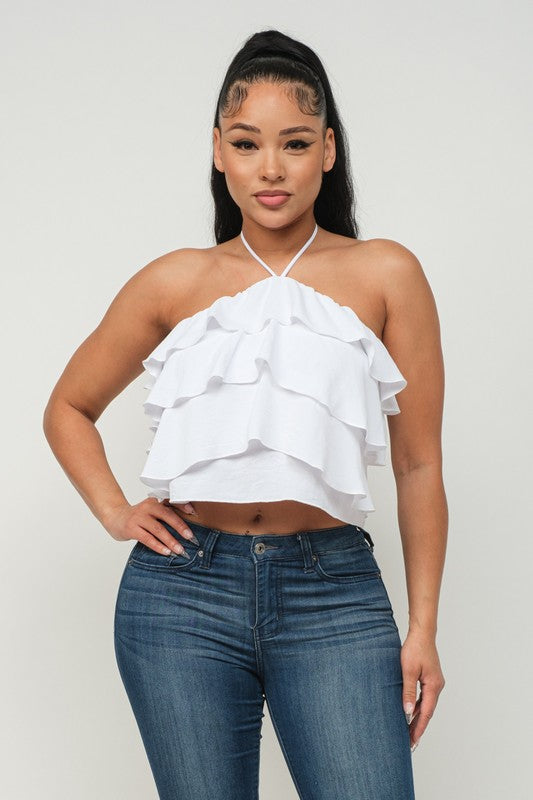 Front Ruffled Trim Detail Halter Necktie Top