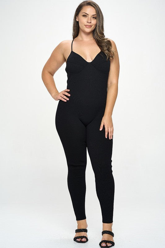 Junior Plus Black Rib Knit Cami Jumpsuit