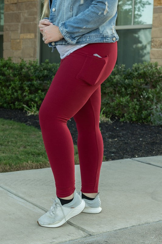 Red Full-Length Leggings with Pocket