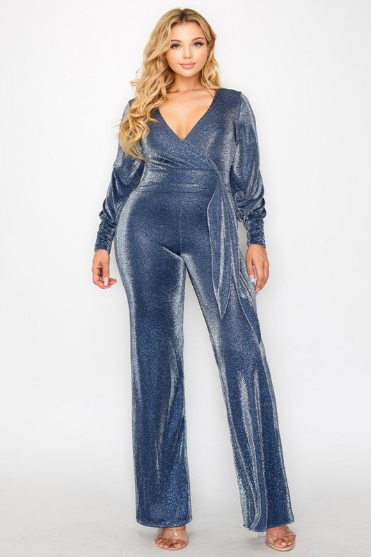 Plus Size Glitter Fabric Bishop Sleeve Belted Jumpsuit