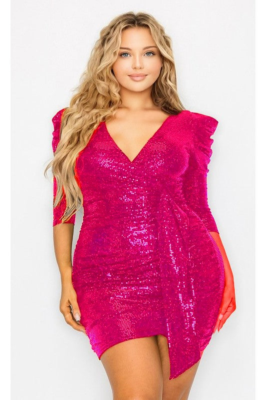 Plus Size 3/4 Puff Sleeve Sash Sequin Mini Dress