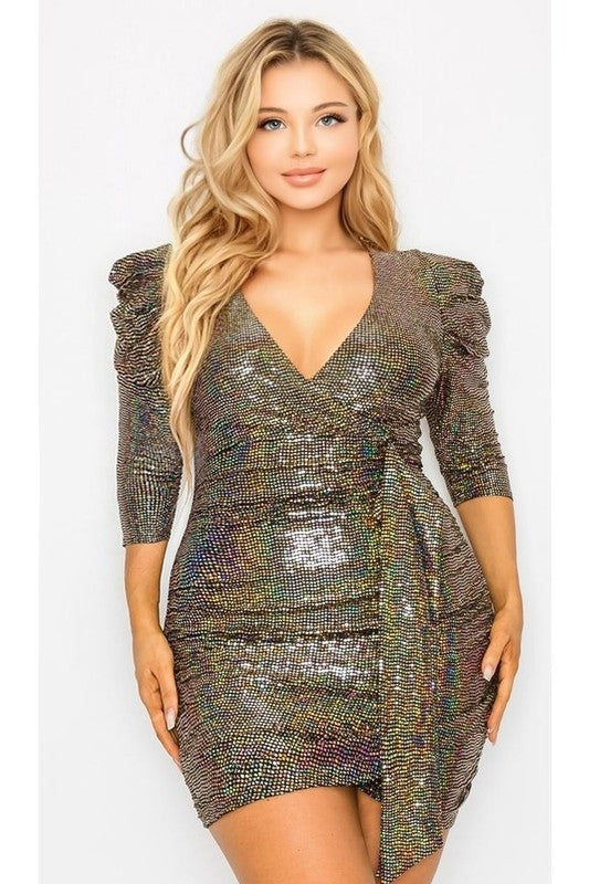 Plus Size 3/4 Puff Sleeve Sash Sequin Mini Dress