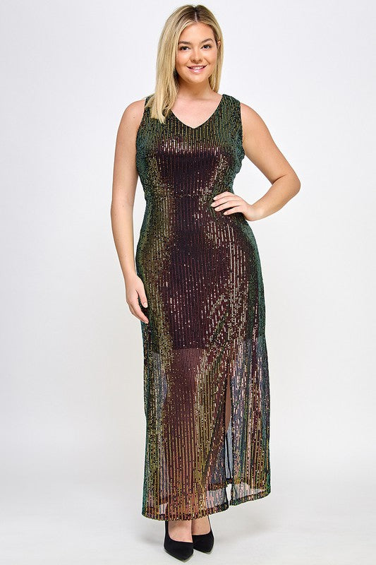 Plus Size Sleeveless Maxi Sequin Dress Left Leg Slit