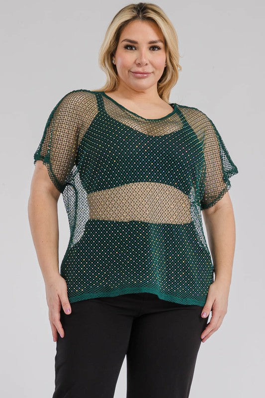 Plus Size Rhinestone Mesh Fishnet Short Sleeve Top