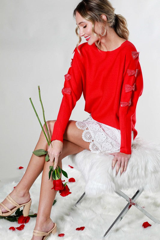 Valentine's Day Sequin Bow Detail Sweater Top