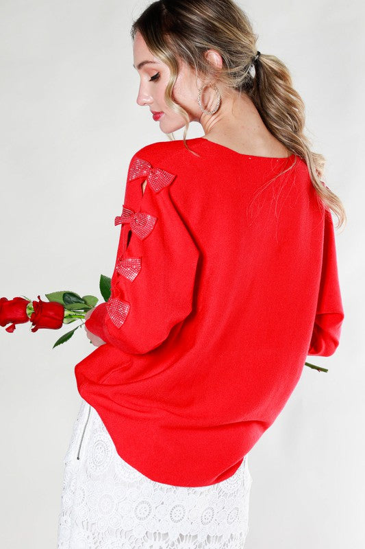 Valentine's Day Sequin Bow Detail Sweater Top