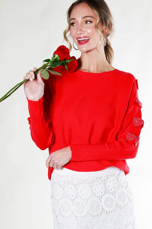 Valentine's Day Sequin Bow Detail Sweater Top