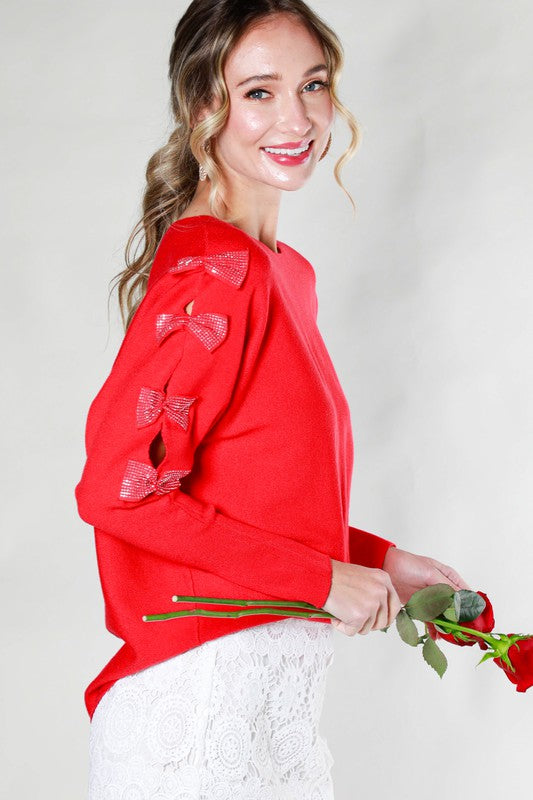 Valentine's Day Sequin Bow Detail Sweater Top