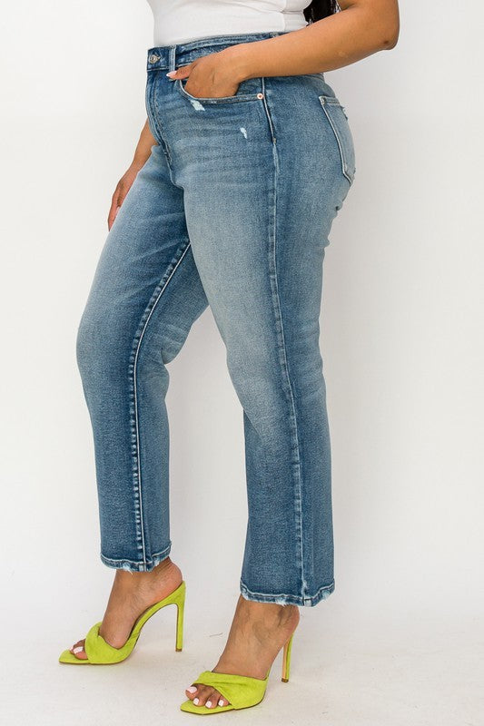 PLUS-HIGH RISE STRETCH DISTRESSED ANKLE STRAIGHT