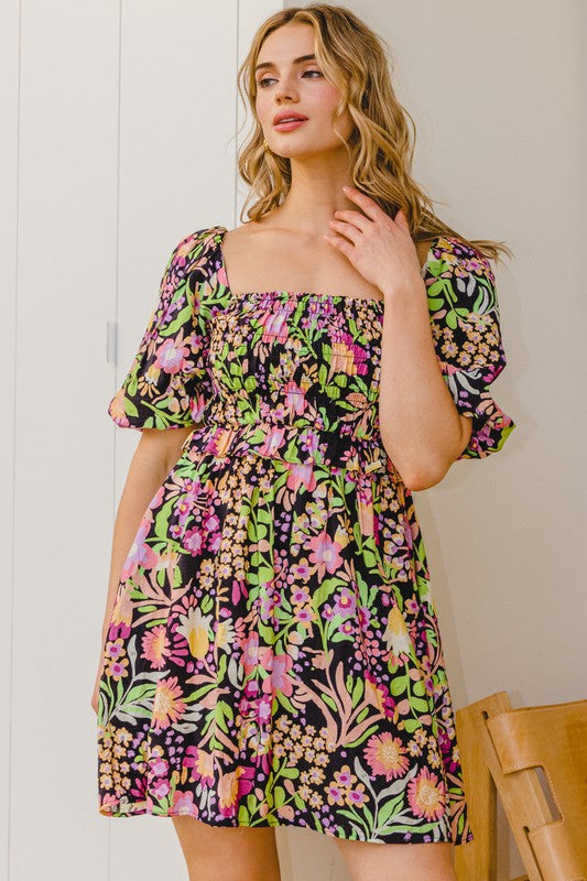 Plus Size Floral Printed Center Tie-Back Mini Dress