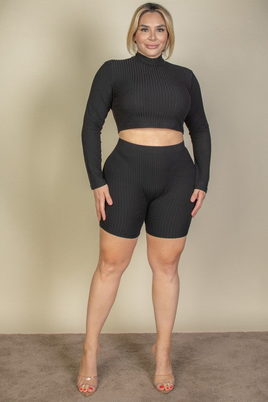 Plus Size Ribbed Mock Neck Crop Top and Shorts Set