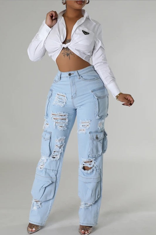 High Rise Multi Pockets Distressed Cargo Jeans